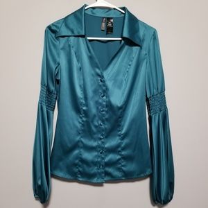 Bisou Bisou teal button up shirt/blouse